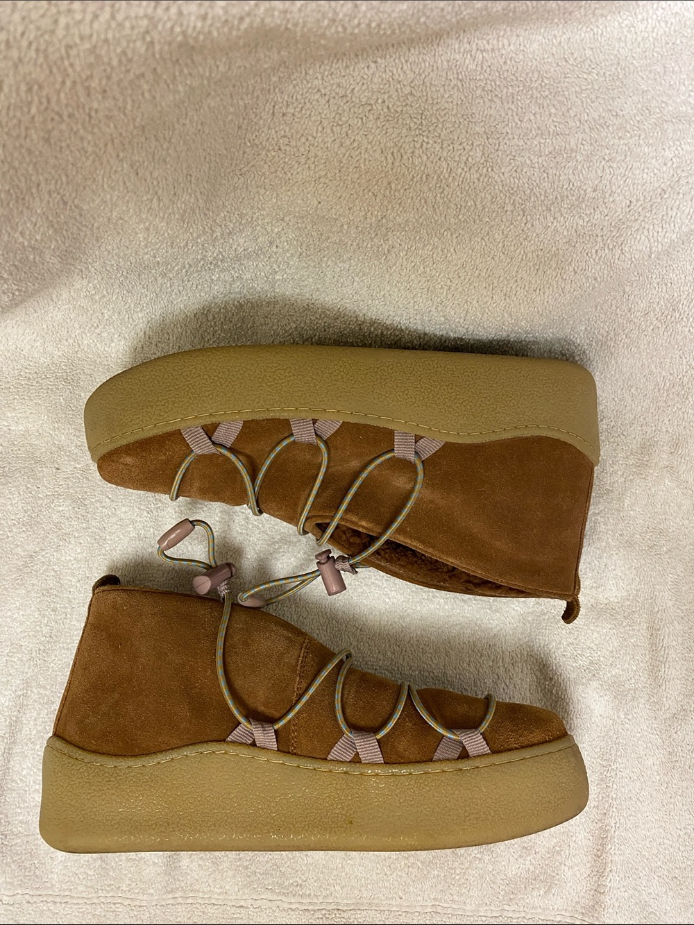 Free People Snowdrop Micro Shearling Boots in Burnt Caramel Suede